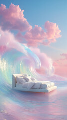 Dreamy Floating Bed on Pastel Ocean Waves at Sunset for Advertising, Relaxation and Mattress Promotion