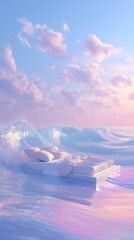 Dreamy Floating Bed on Pastel Ocean Waves at Sunset for Advertising, Relaxation and Mattress Promotion