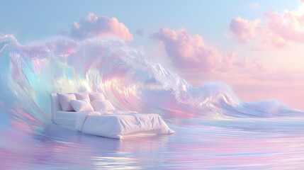 Dreamy Floating Bed on Pastel Ocean Waves at Sunset for Advertising, Relaxation and Mattress Promotion