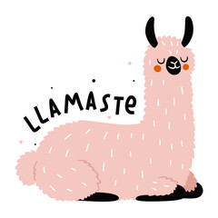 Obraz premium A cute llama sleeping on a white background. Flat vector illustration in simple style, lettering llamaste. Vector illustration