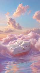Dreamy Floating Bed on Pastel Ocean Waves at Sunset for Advertising, Relaxation and Mattress Promotion