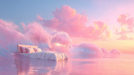 Dreamy Floating Bed on Pastel Ocean Waves at Sunset for Advertising, Relaxation and Mattress Promotion
