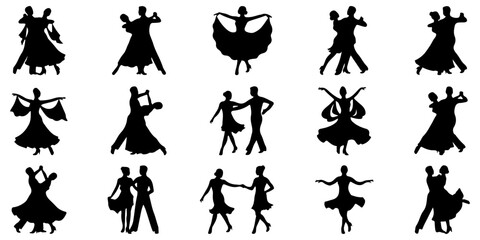 Fototapeta premium Ballroom and Latin dancing couples silhouettes set featuring man and woman dancers in various elegant poses isolated