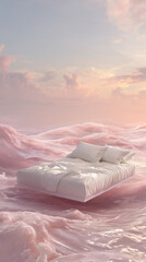 Dreamy Floating Bed on Pastel Ocean Waves at Sunset for Advertising, Relaxation and Mattress Promotion