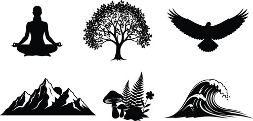 Fototapeta premium Meditation, nature, tree, bird, mountain, sun, mushrooms, plants, wave, silhouette icons, mindfulness, tranquility, peaceful, spiritual, calm, wellness, environment, harmony, outdoor, natural beauty
