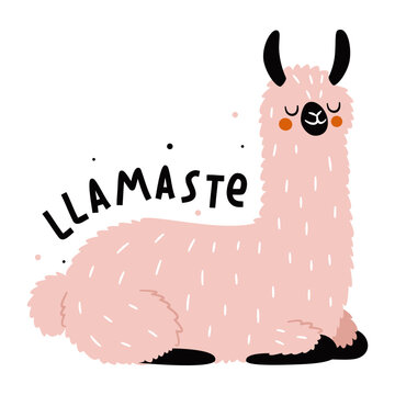 A cute llama sleeping on a white background. Flat vector illustration in simple style, lettering llamaste. Vector illustration