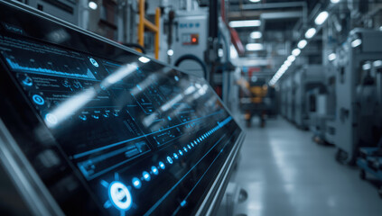 Naklejka premium Sleek industrial control panel with blue holographic interface in modern factory aisle