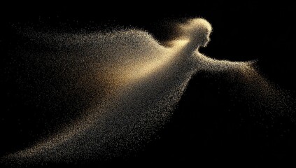 Silhouette figure emerging from particles against a black background