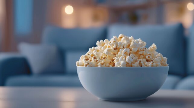 A fluffy bowl of popcorn rests on a wooden coffee table, surrounded by a cozy dark living room. Flickering lights create an inviting atmosphere for a comforting snack during a quiet evening