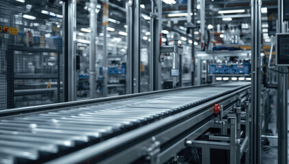 Fototapeta premium Conveyor belt smart factory production line with industrial automation and cool lighting