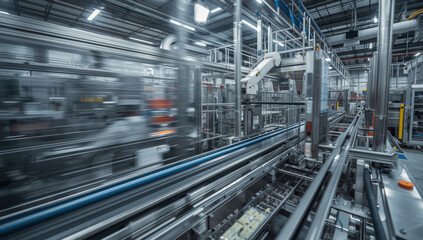 Fototapeta premium Automated factory production line with robotic arm and stainless steel conveyors creating