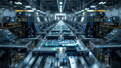 Fototapeta premium Smart factory assembly line with electronics modules and blue control lights, futuristic