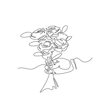 Minimalist continuous line art of a hand holding a flower bouquet, minimalist vector design for decoration