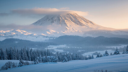 Snowy volcanic mountain at sunrise with frosted pine forest and misty valleys