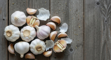 Rustic garlic bulbs and cloves on textured surface with copy space