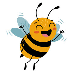 Flat vector illustration in a simple children's style. A cute, happy bee on a white background. . Vector illustration