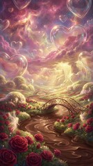 Surreal Dreamlike Fantasy Landscape with Floating Glass Hearts and Rose Hills