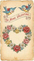 Retro 1950s Style Valentine's Day Postcard Illustration with Bluebirds and Banner