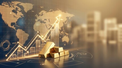 Gold bar investment finance growth wealth economy business success profit market gold bar investment finance growth wealth economy business success profit concept with rising arrow and world map