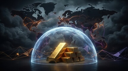 Gold bar wealth finance investment global economy protection security world map inflation crisis gold bar wealth finance investment global economy protection security glass dome with glowing world