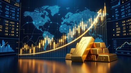 Gold bar global market price increase investment stock chart financial growth economic trend world map wealth trading platform Gold bar stack with golden upward arrow line digital global market