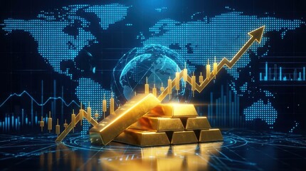 Global gold price gold bar financial growth stock market bullish trend investment wealth digital world map economic success trading concept Global gold price with shiny gold bar stack and rising