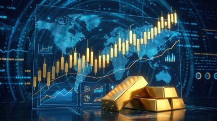 Gold bar investment finance market global chart trading currency wealth Global gold bar investment finance market global chart trading currency wealth concept with rising price graph over world