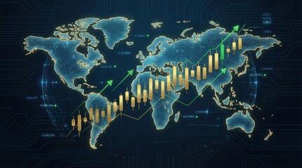 Global finance stock market world map trading chart digital background growth investment technology data economy Global finance stock market world map trading chart digital background growth