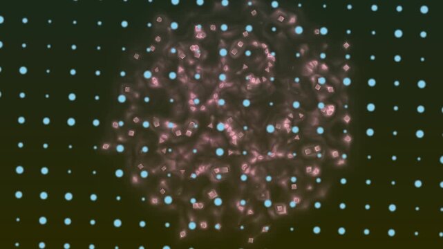 A soft pink nebula-like cluster amid a teal dotted grid over a dark, empty background, surreal. mood