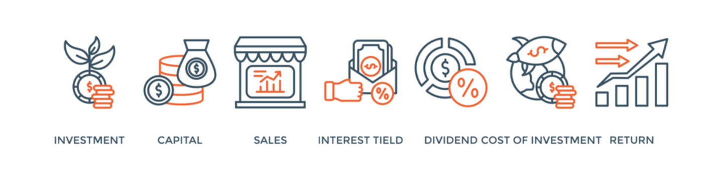 Roi banner web icon vector illustration concept for return on investment with icon of capital, sales, interest tield, dividend, cost of investment and return
