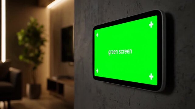 Smart home control panel tablet with green screen and tracking markers mounted on wall in modern interior