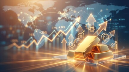 Rising gold price investment, shiny gold bar wealth, financial graph growth, global market bull trend increase, profit forecast optimism