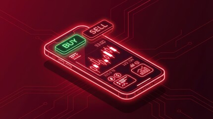 Neon smartphone trading app buy button sell button stock market crypto fintech mobile trading candlestick chart technology