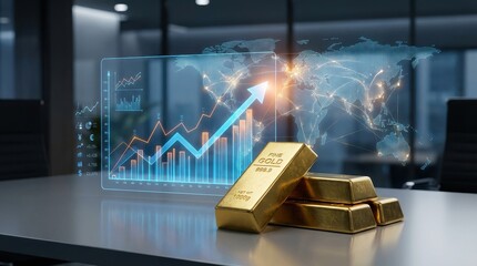 Gold bar gold investment financial growth market chart rising price wealth finance stock market blue arrow Gold bar gold investment financial growth market chart rising price wealth finance stock