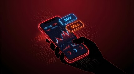 Neon trading crypto market mobile phone candlestick chart buy button sell button red background digital finance risk investment tension Neon trading crypto market mobile phone candlestick chart