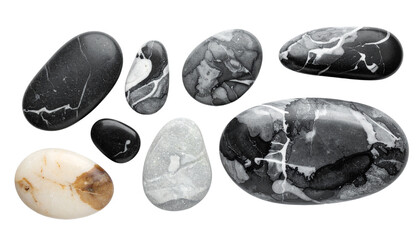 A decorative collection of natural mineral stones and colorful gemstone crystals featuring amethyst, agate, and heart-shaped rocks in a vector design set isolated on a white background