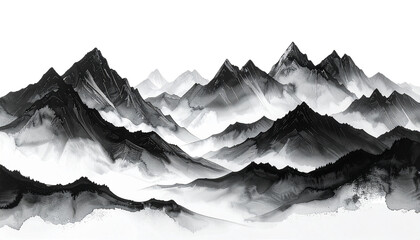 A serene winter mountain landscape vector illustration featuring snowy peaks under a blue sunset sky with misty clouds and hills across the alpine range