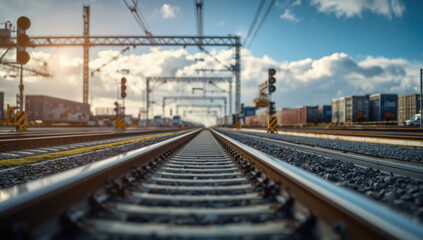 Fototapeta premium Railway track leading into industrial freight yard under blue sky with clouds
