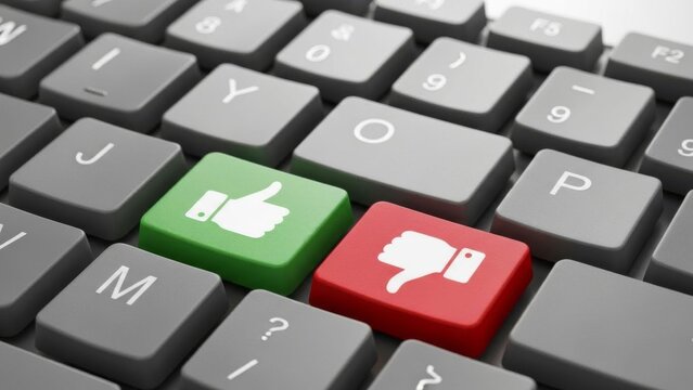 Like and Dislike Keys Photography: Keyboard Close-Up, Green Thumbs Up & Red Thumbs Down Buttons, Social Media Feedback, Opinion Poll, 