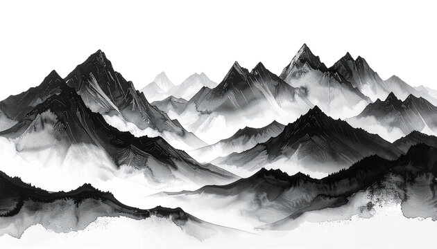 A serene winter mountain landscape vector illustration featuring snowy peaks under a blue sunset sky with misty clouds and hills across the alpine range