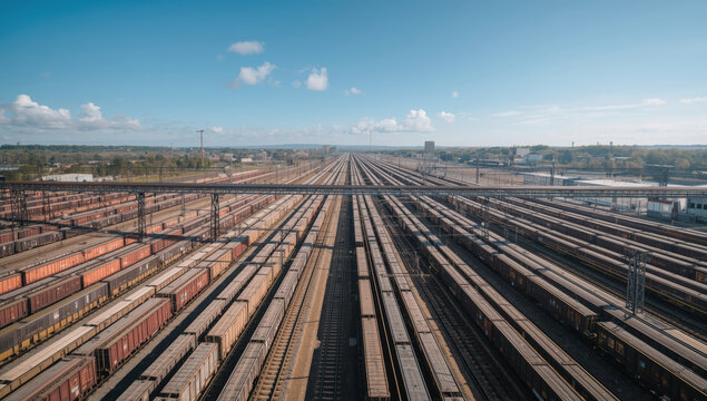Railway freight yard with converging tracks and cargo trains under blue sky