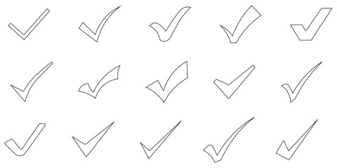 Collection of fifteen diverse handdrawn outline checkmark icons symbolizing approval completion and success in graphic design