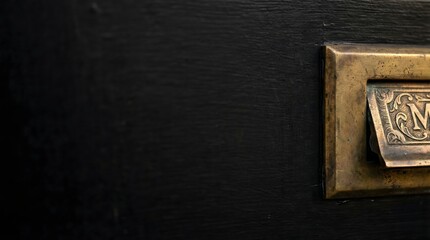 Ornate Brass Letterbox on Vintage Dark Wooden Door
