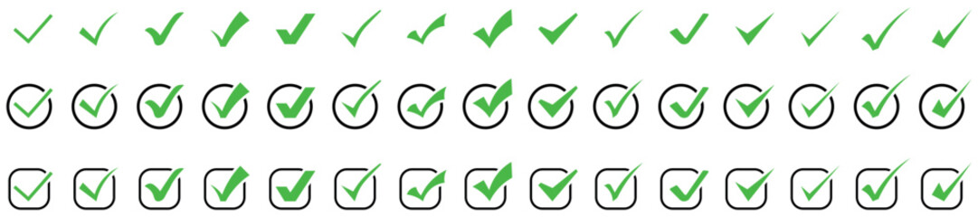 A comprehensive set of green checkmark and tick icons in various styles for user interface web design and approval