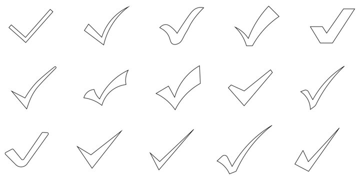 Collection of fifteen diverse handdrawn outline checkmark icons symbolizing approval completion and success in graphic design