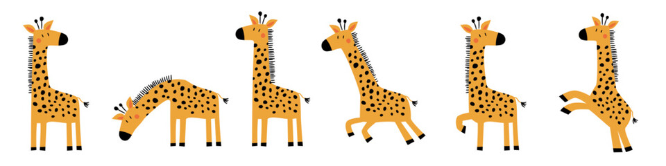 Fototapeta premium A set of giraffes in different poses in a simple, childlike style. A collection of flat vector illustrations. . Vector illustration