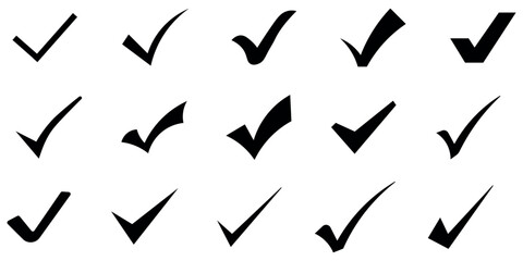 Diverse collection of black checkmark symbols representing approval completion success and agreement for design assets