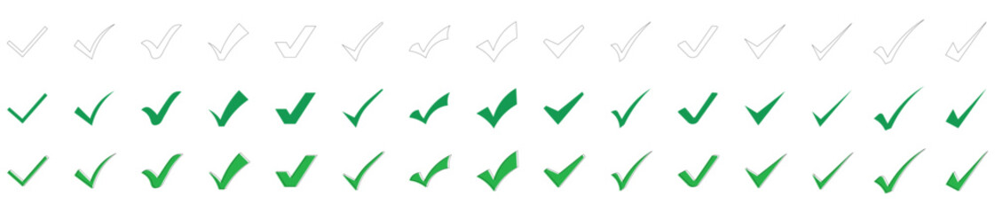 Diverse collection of checkmark icons in outline solid green and threedimensional styles for various approval concepts