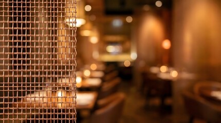 Copper Mesh Foreground with Warm Restaurant Bokeh