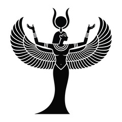 Ancient egyptian goddess silhouette with spread wings and horns on head holding sun disc symbol representing fertility motherhood magic and rebirth vector illustration